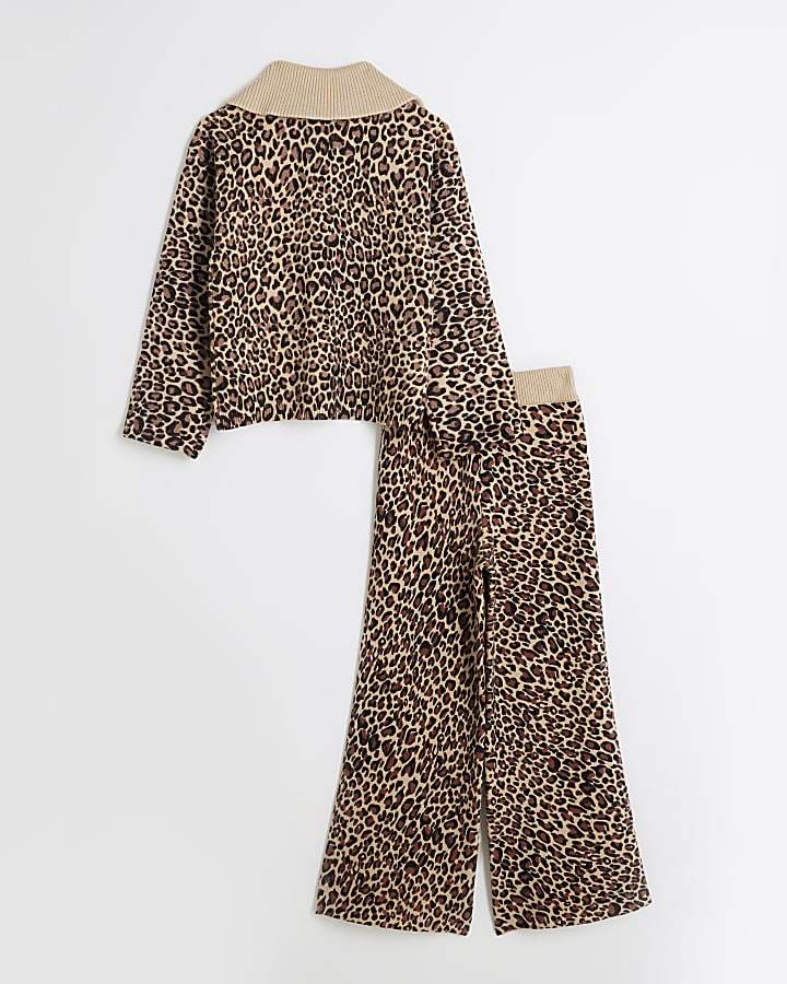 Girls Brown Leopard Jumper and Trousers Set