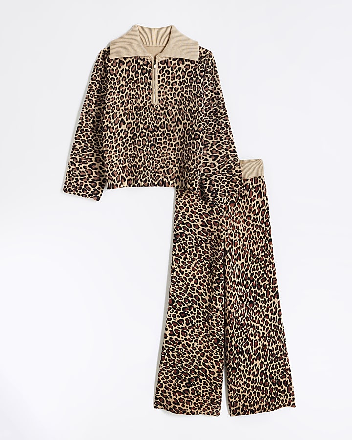 Girls Brown Leopard Jumper and Trousers Set