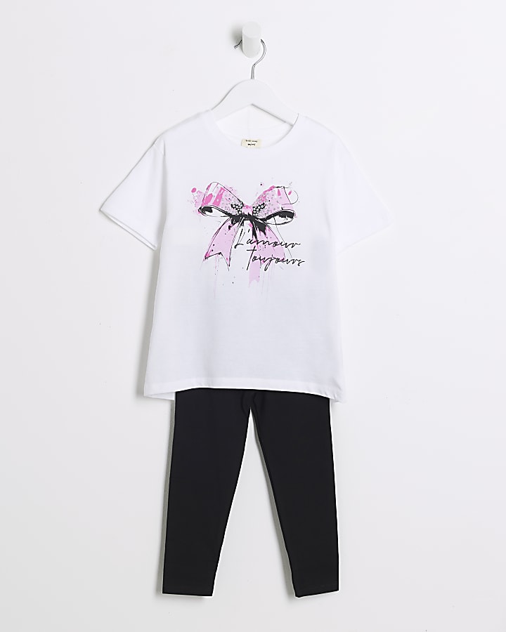 Mini girls white bow t-shirt and leggings set