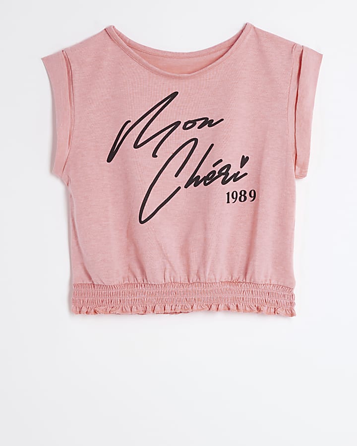 Girls coral graphic script cropped t-shirt