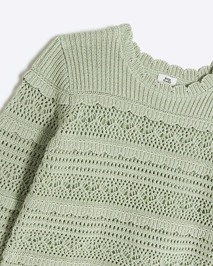 Girls khaki crochet metallic jumper