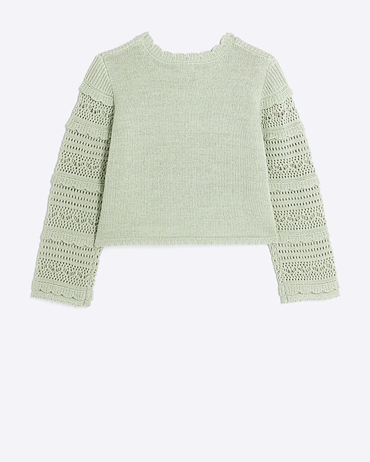 Girls khaki crochet metallic jumper