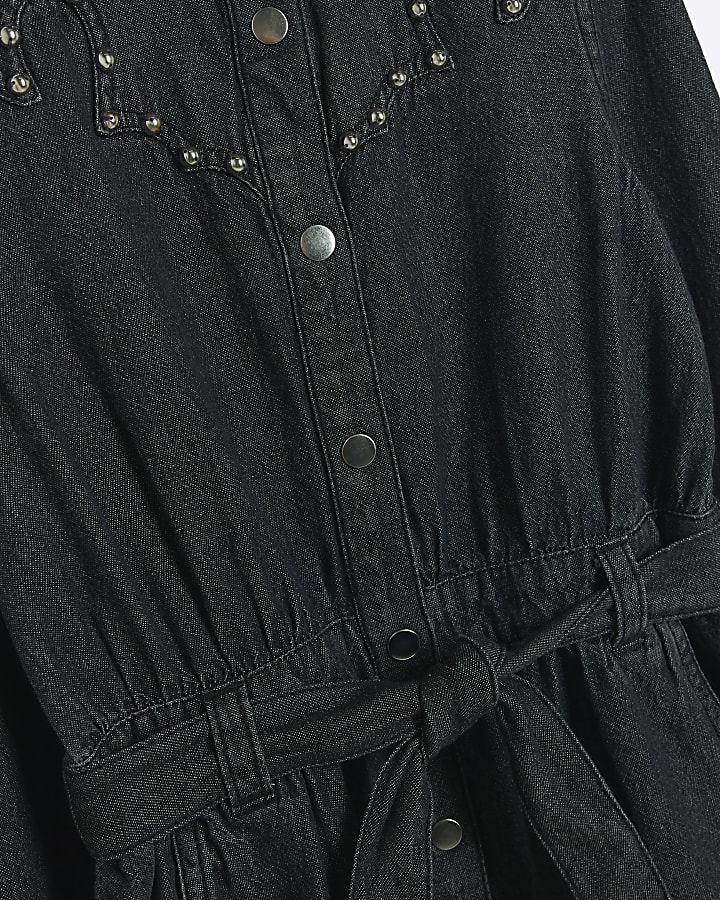 Girls grey studded belted shirt dress