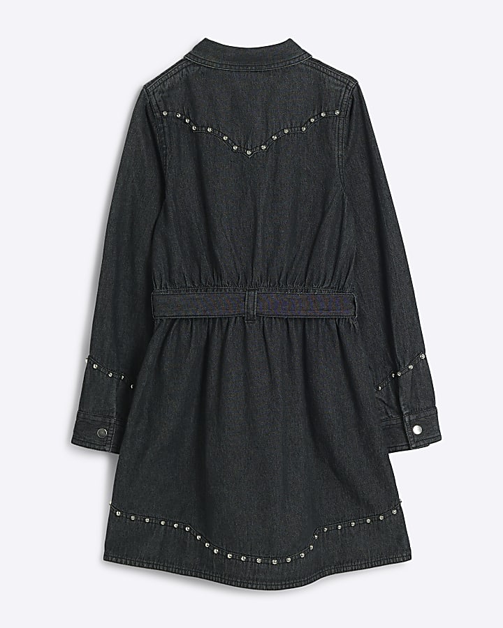 Girls grey studded belted shirt dress