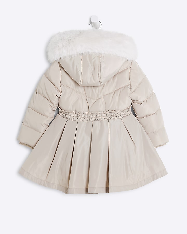Mini Girls Cream Pleated Skirt Padded Coat
