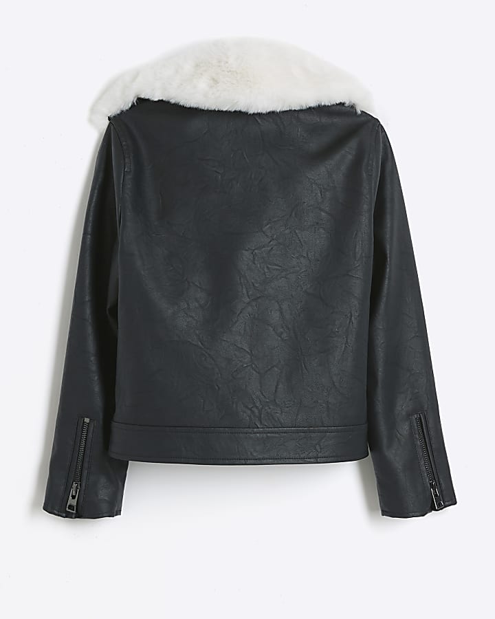 Girls Black faux leather biker jacket