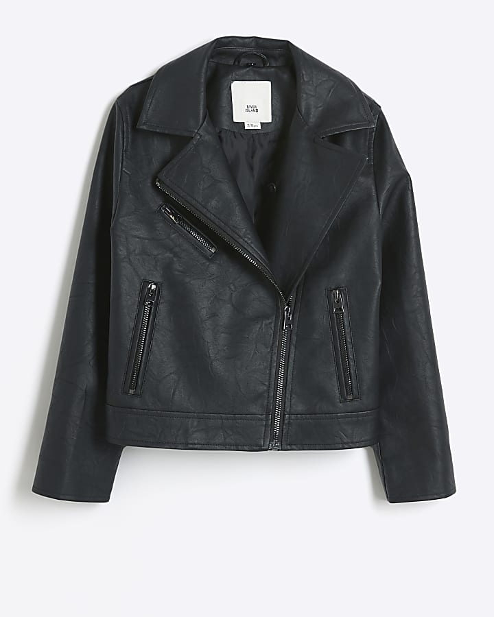 Girls Black faux leather biker jacket