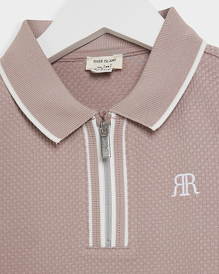 Mini Boys Pink textured Tipped Polo shirt