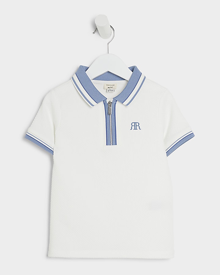 Mini boys white textured tipped polo shirt