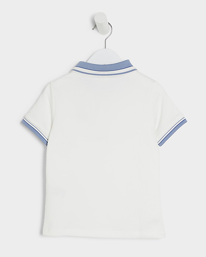 Mini boys white textured tipped polo shirt