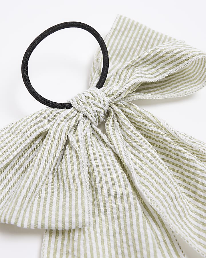 Girls sage green stripe bow hair band