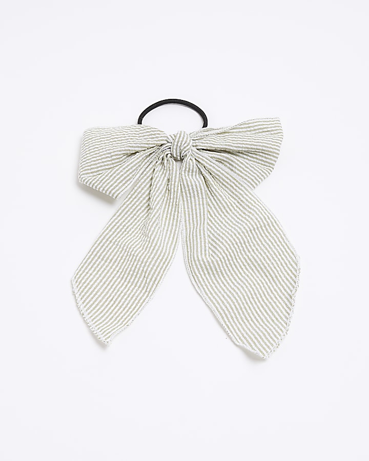 Girls sage green stripe bow hair band