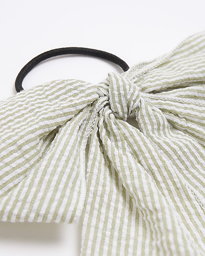 Girls sage green stripe bow hair band