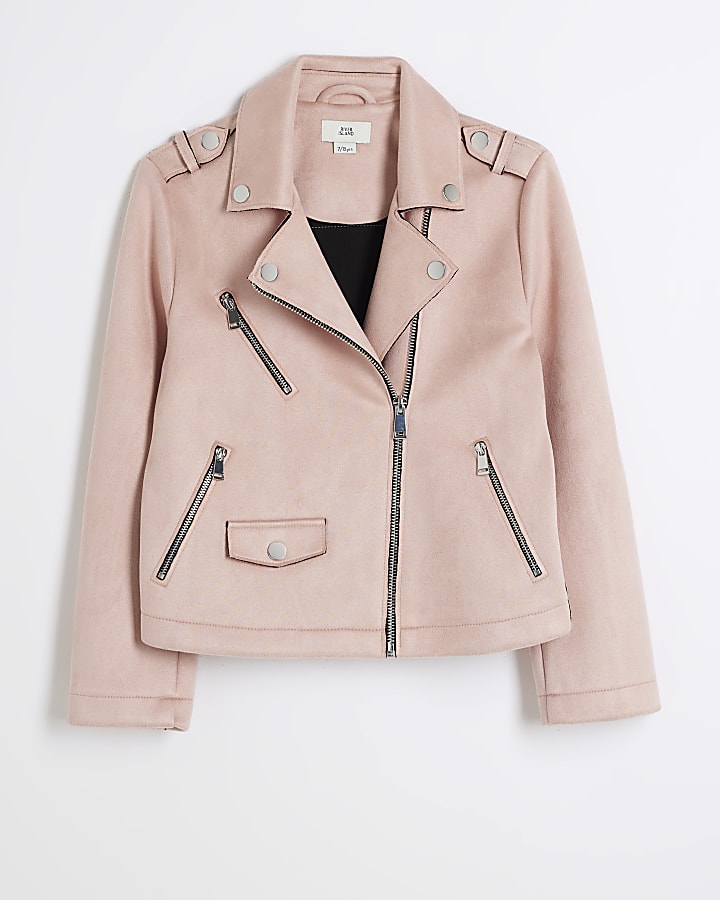 Girls pink zip up biker jacket River Island