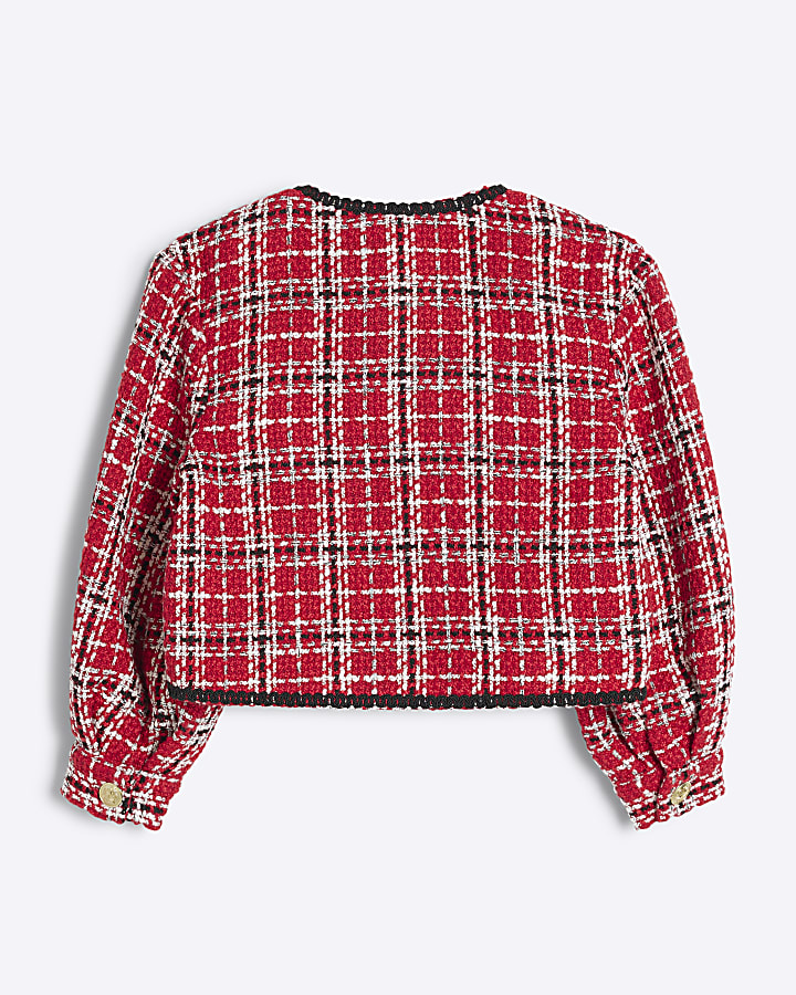 Girls Red Boucle Check Jacket