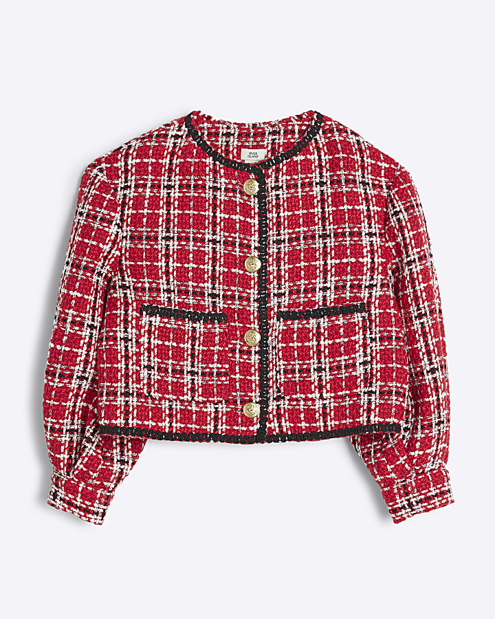 Girls Red Boucle Check Jacket