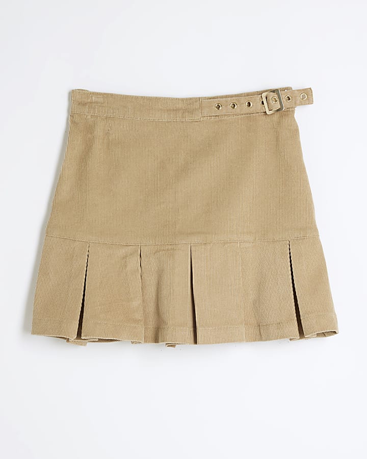 Girls Beige Corduroy Buckle Pleated Skirt