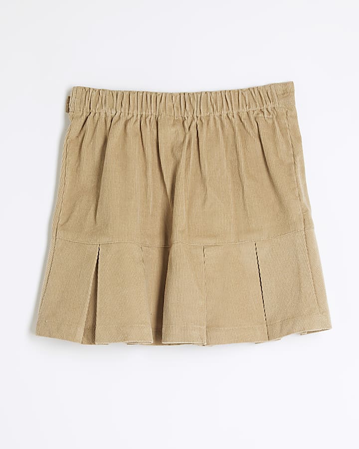 Girls Beige Corduroy Buckle Pleated Skirt