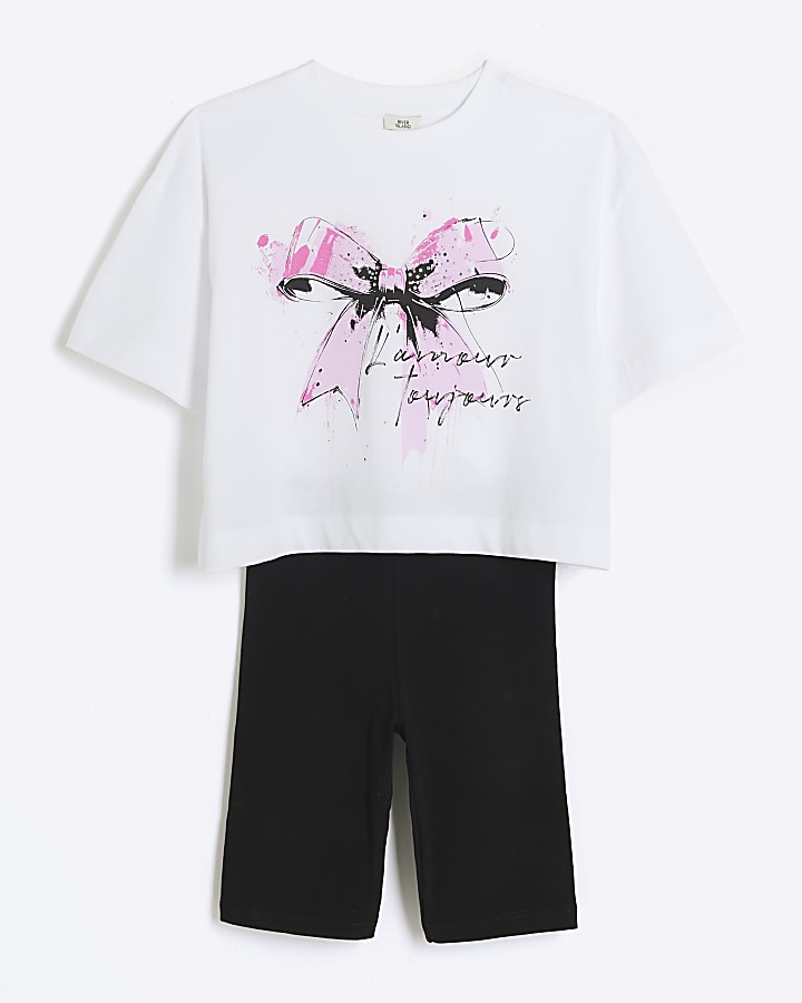 Girls white bow t-shirt and shorts set