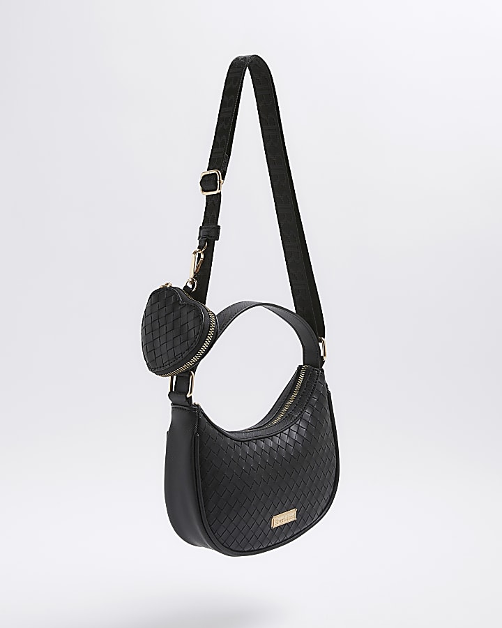 Girls black woven shoulder bag