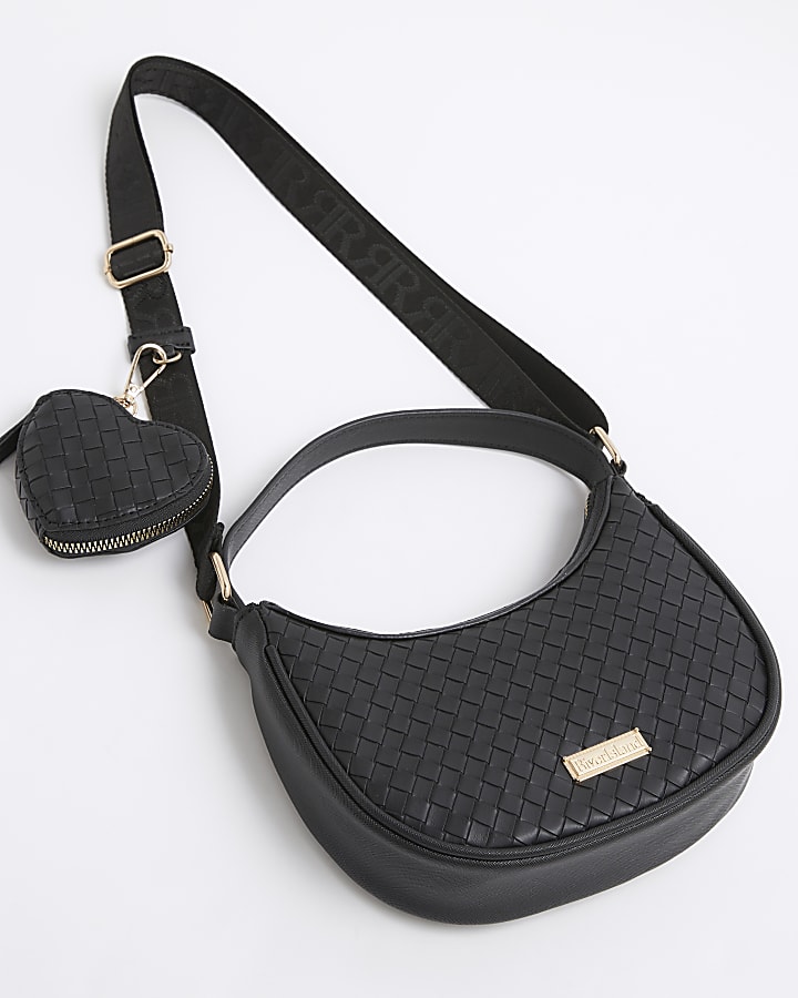 Girls black woven shoulder bag