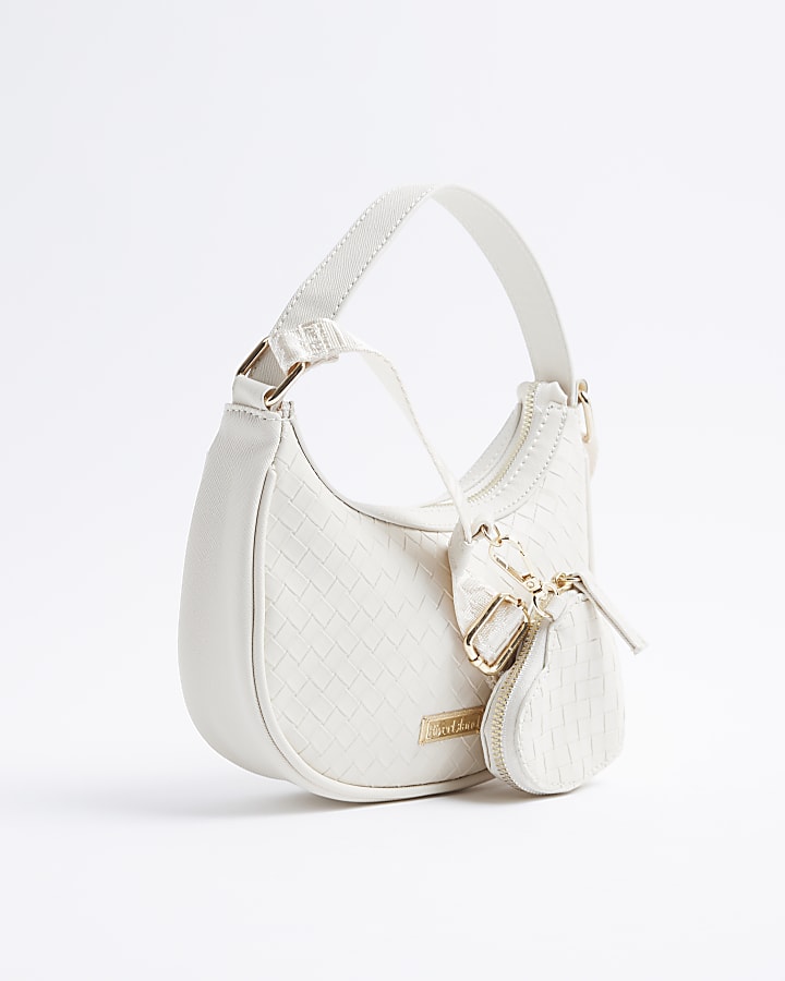 Girls Cream Weave Embossed Scoop Shoulder Bag