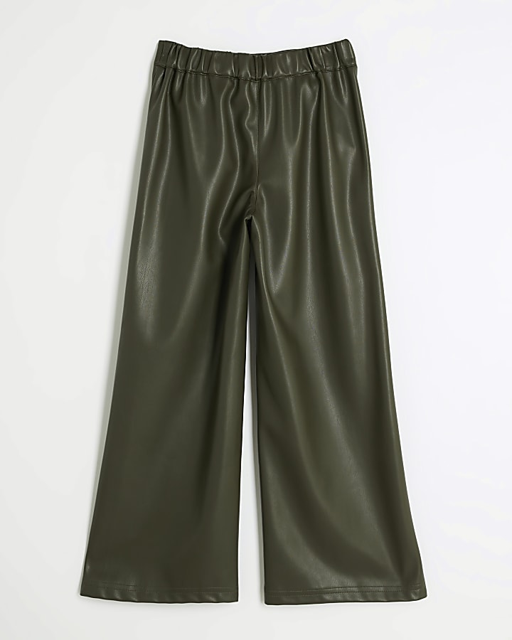 Girls khaki faux leather wide leg trousers