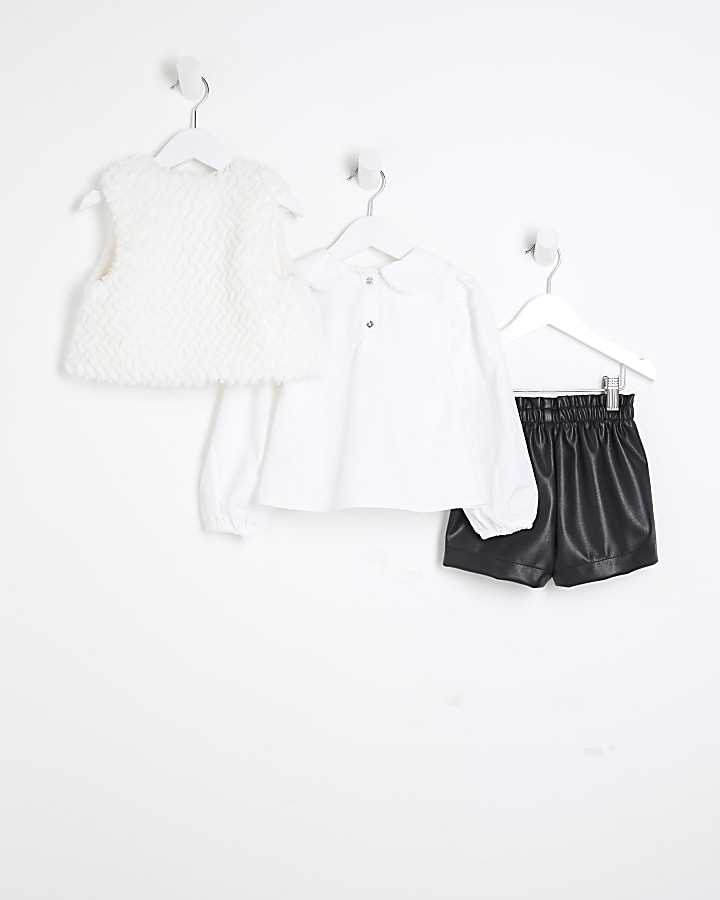 Mini Girls White Faux Fur Top Set