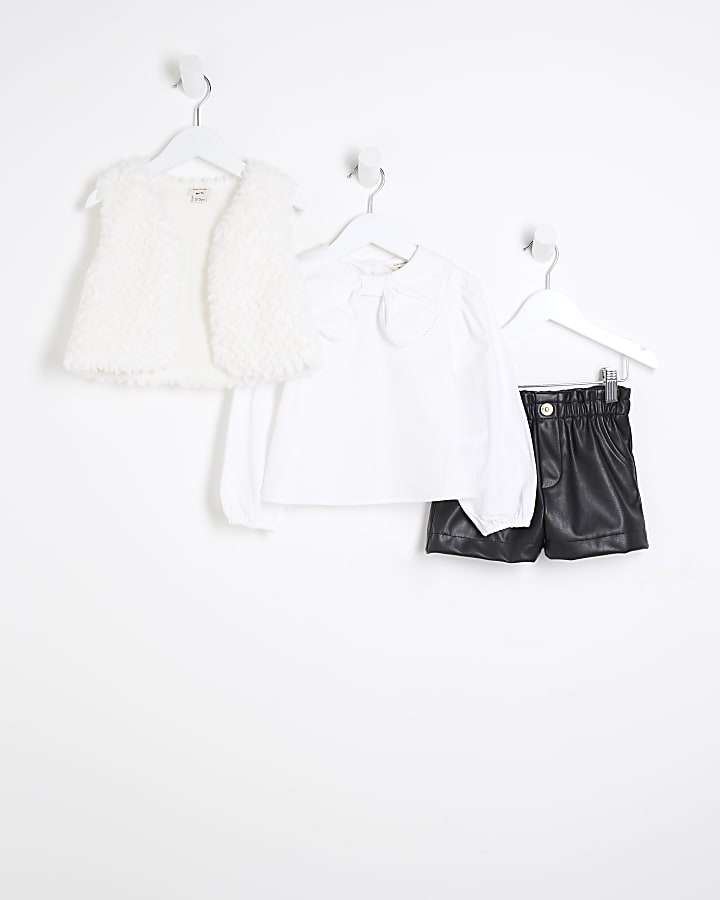 Mini Girls White Faux Fur Top Set