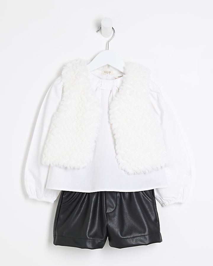 Mini Girls White Faux Fur Top Set