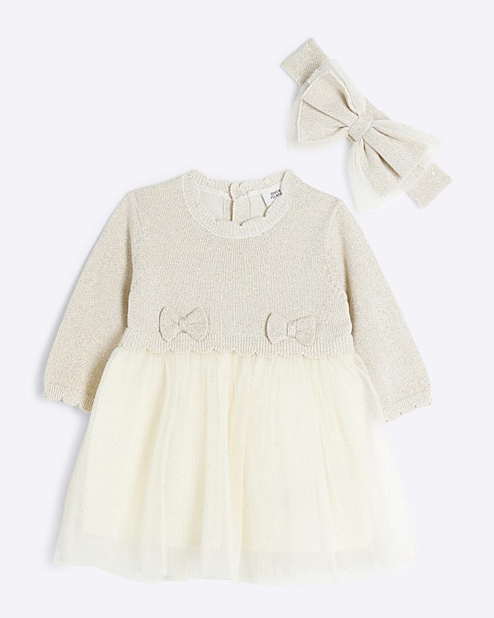 Baby girls cream knitted mesh dress set