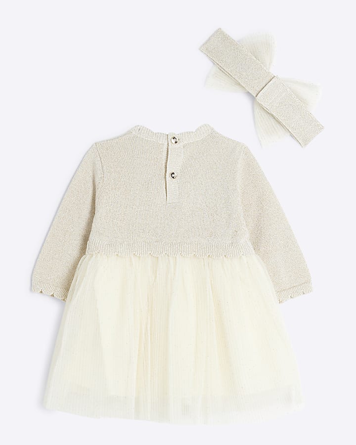 Baby girls cream knitted mesh dress set