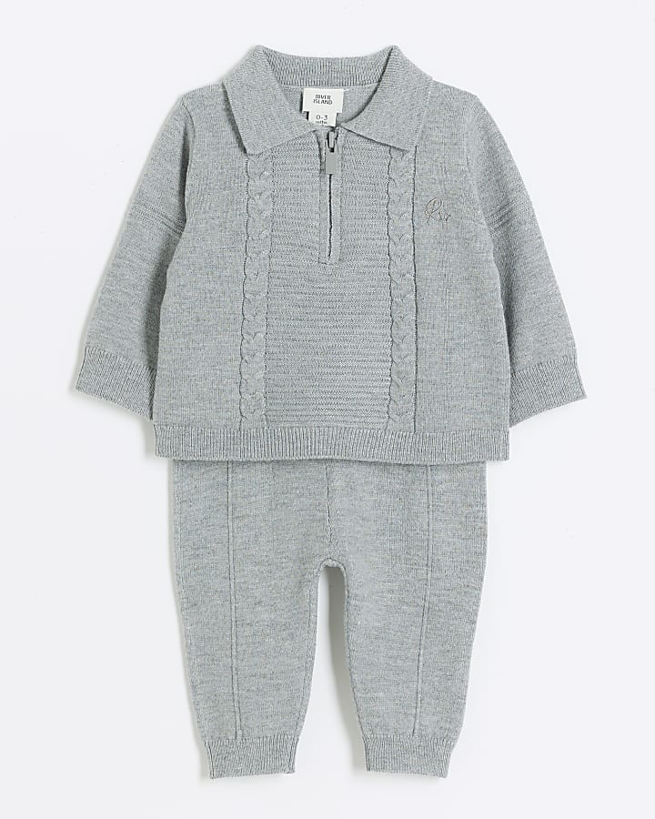 Baby Boys Grey Cable Knit Polo Set