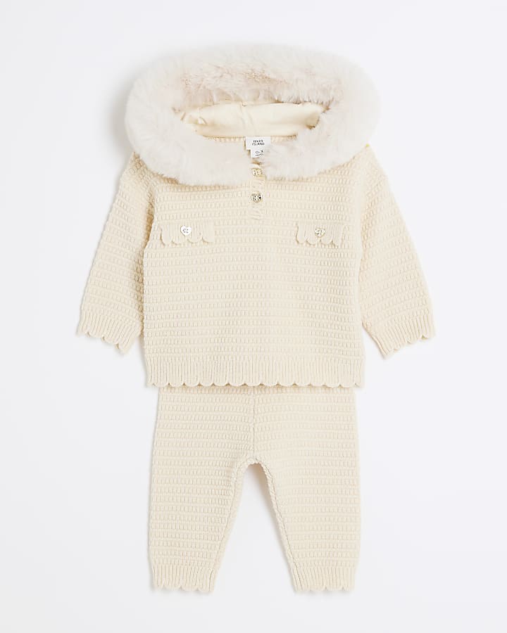 Baby Girls Cream Knitted Hooded Set