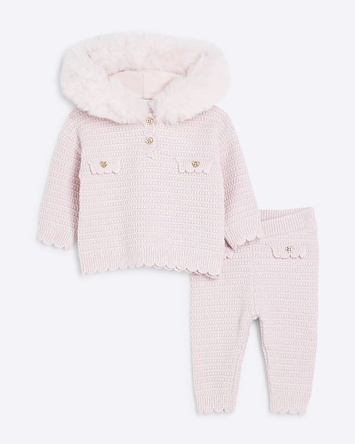 Baby Girls Pink Knitted Hooded Set