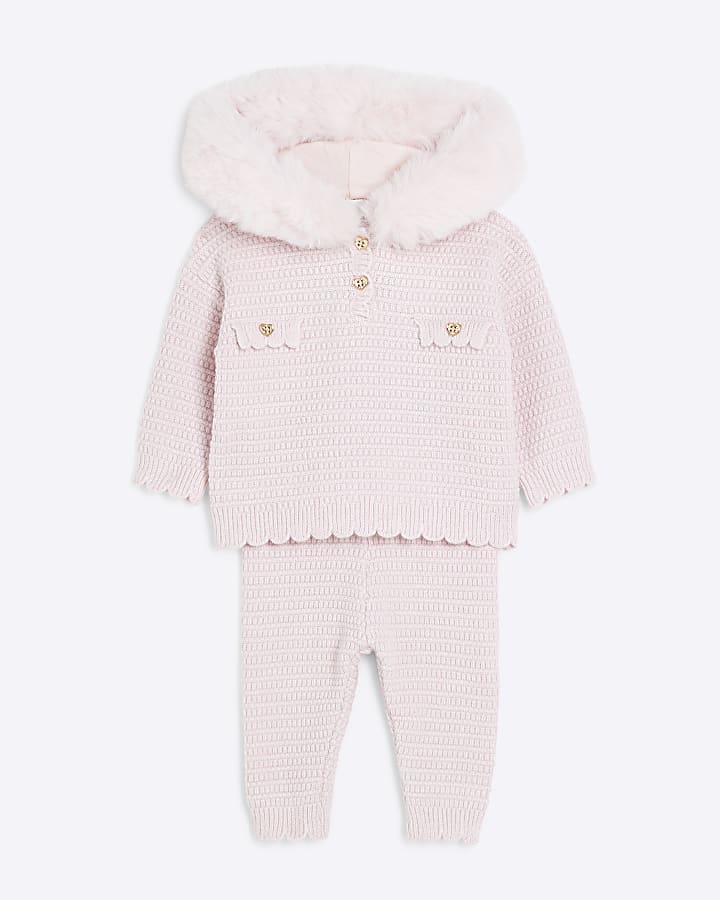 Baby Girls Pink Knitted Hooded Set