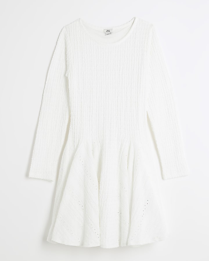 Girls white textured long sleeve dress