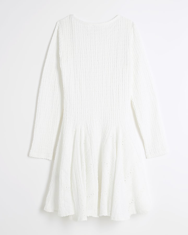 Girls white textured long sleeve dress