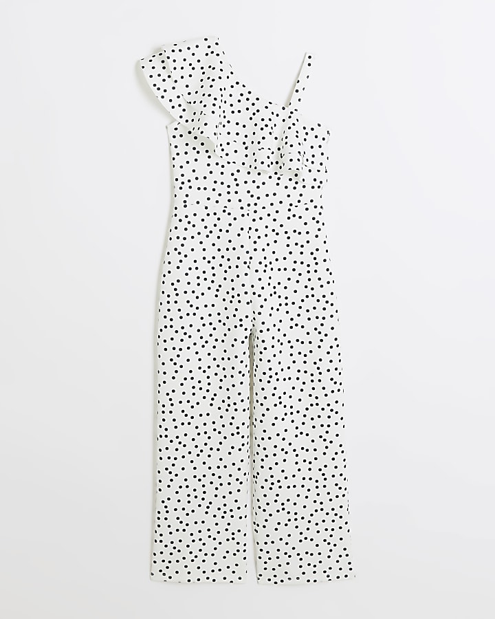 Girls white polka dot frill jumpsuit