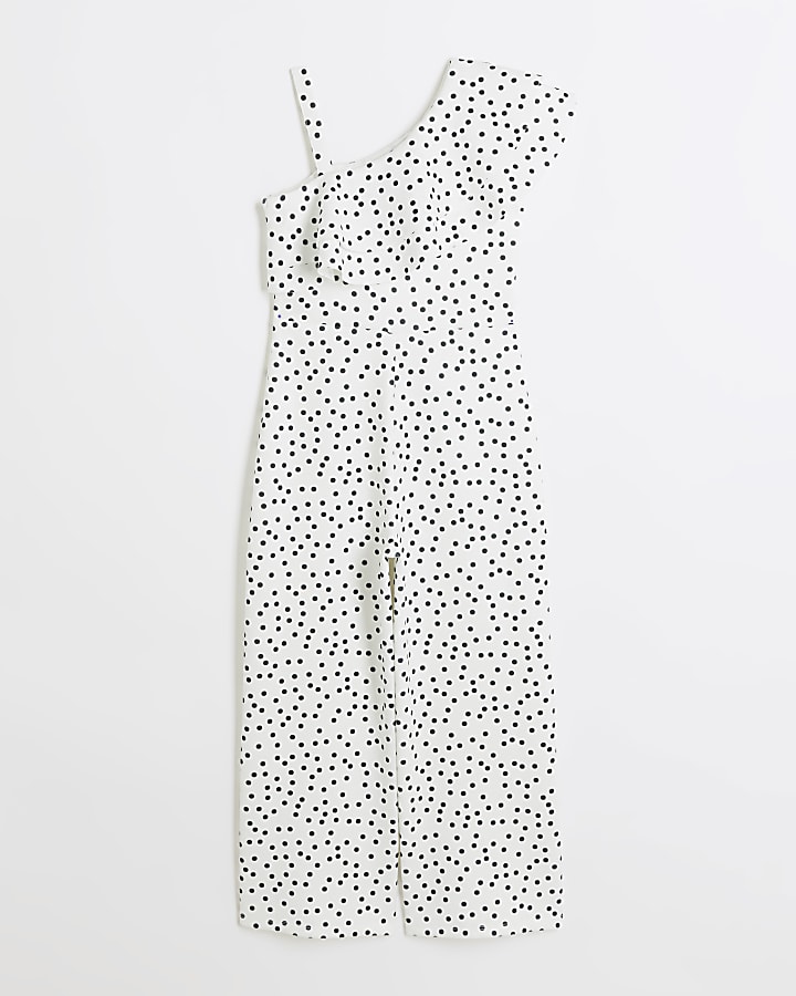 Girls white polka dot frill jumpsuit