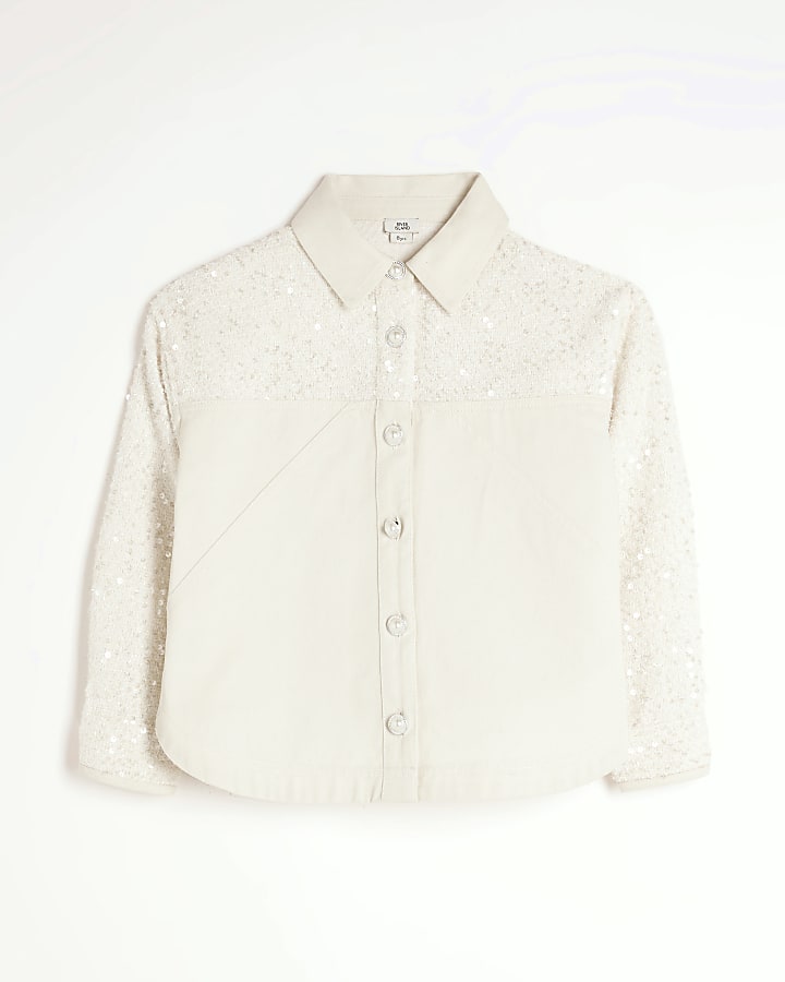 Girls Cream Twill Sequin Shacket