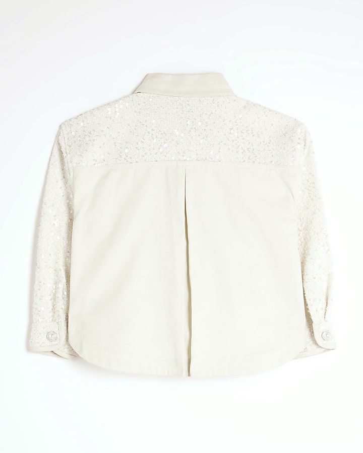 Girls Cream Twill Sequin Shacket