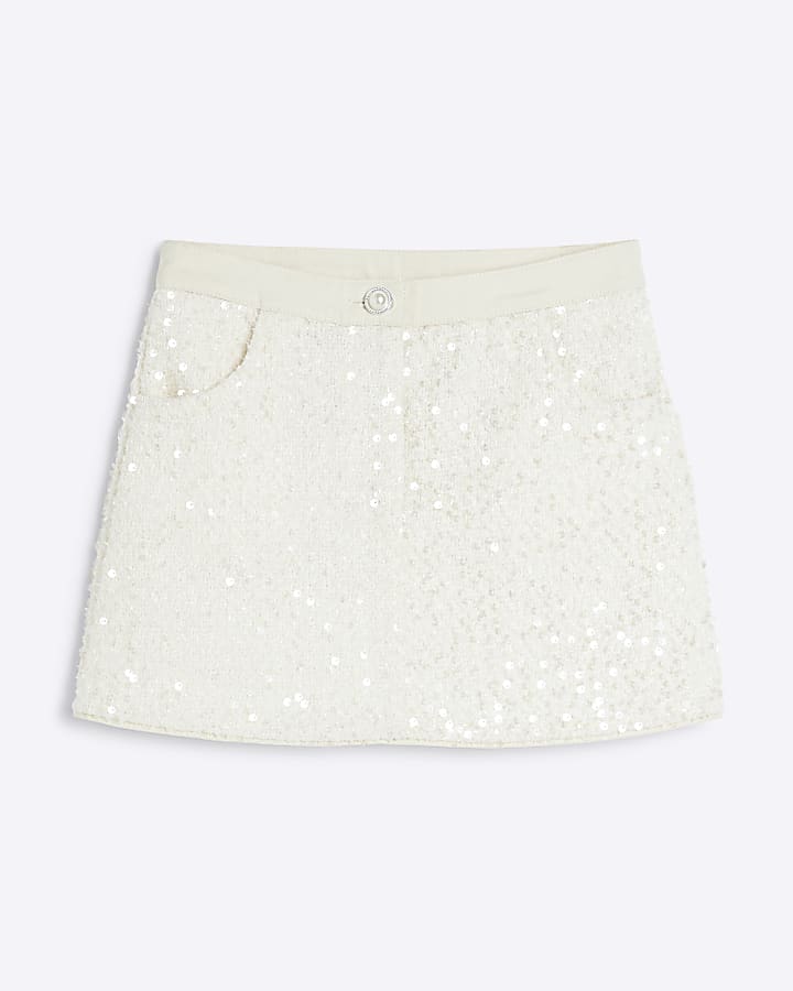 Girls Cream Sequin Twill Skirt