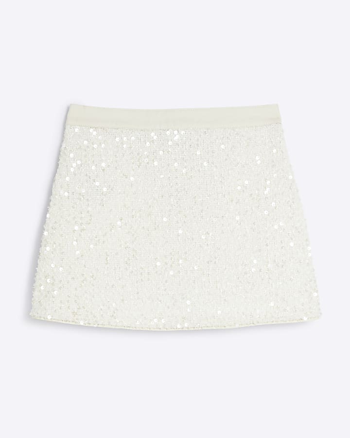 Girls Cream Sequin Twill Skirt