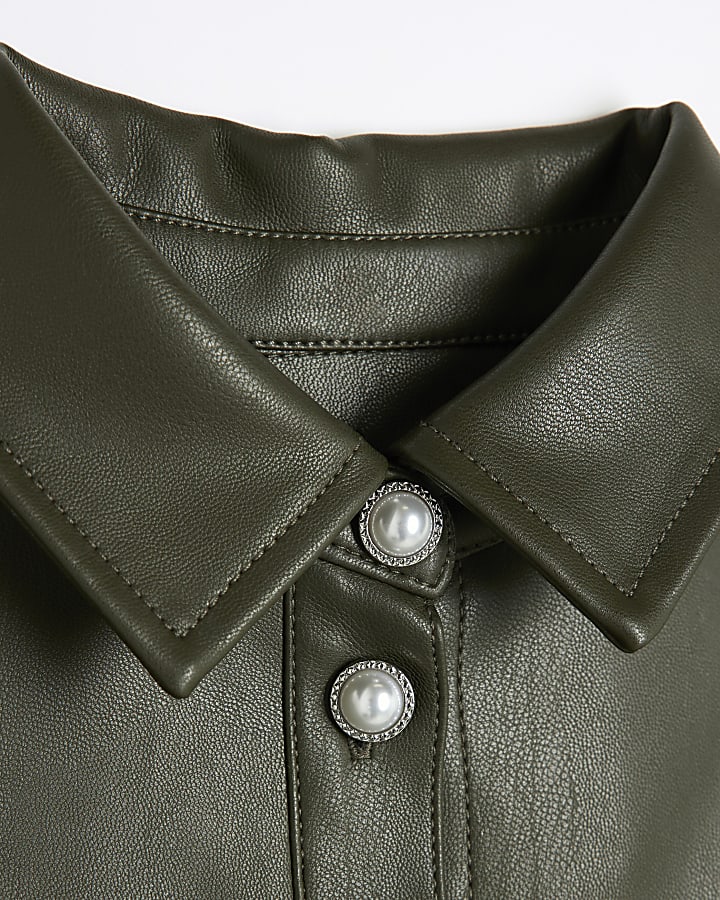 Girls khaki faux leather overshirt