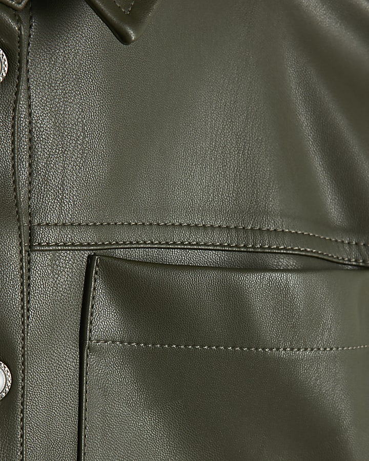 Girls khaki faux leather overshirt