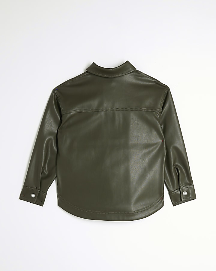Girls khaki faux leather overshirt