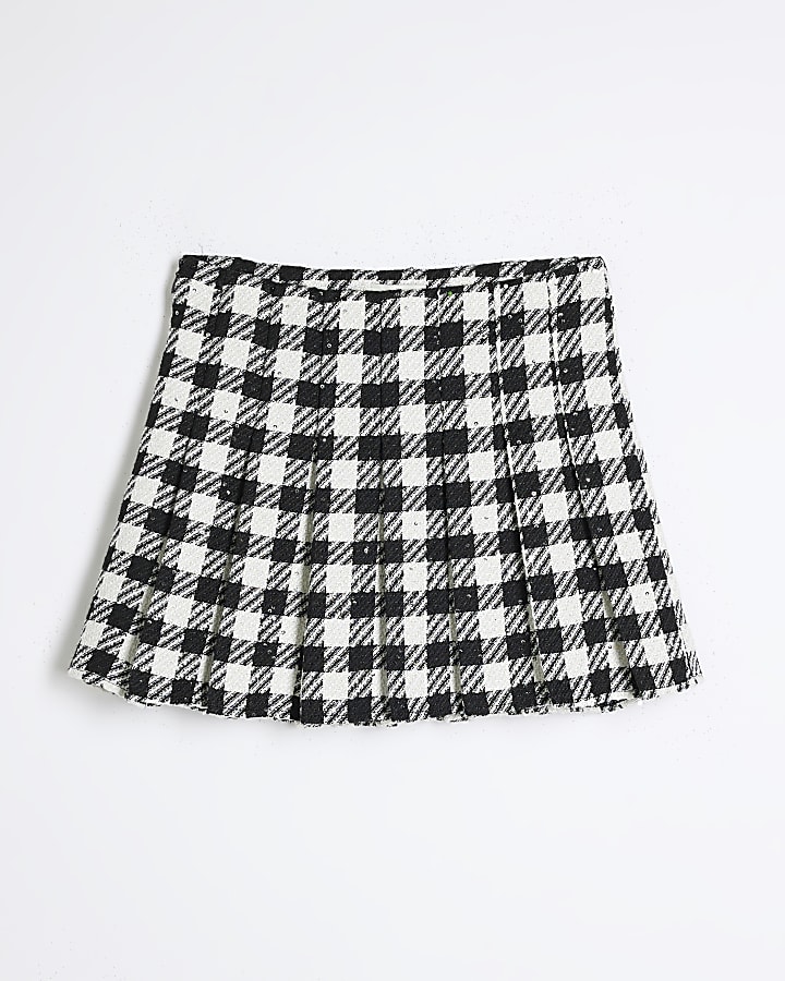 Girls Black Sequin Check Boucle Pleated Skirt