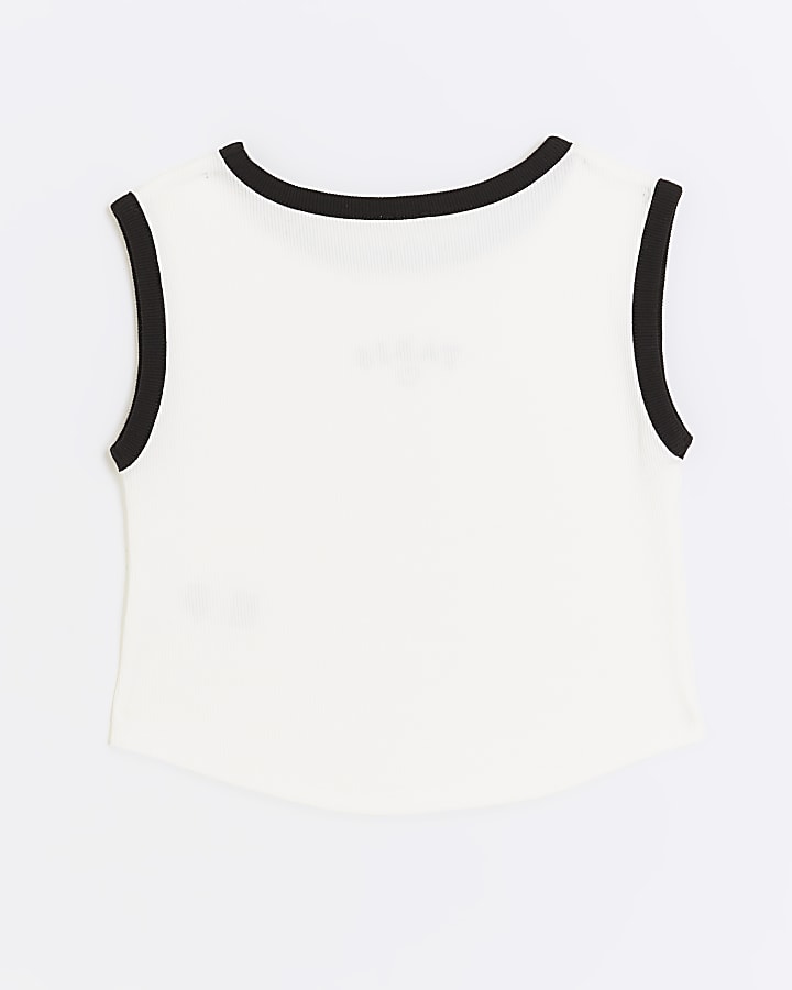 Girls white ribbed embroidered vest top