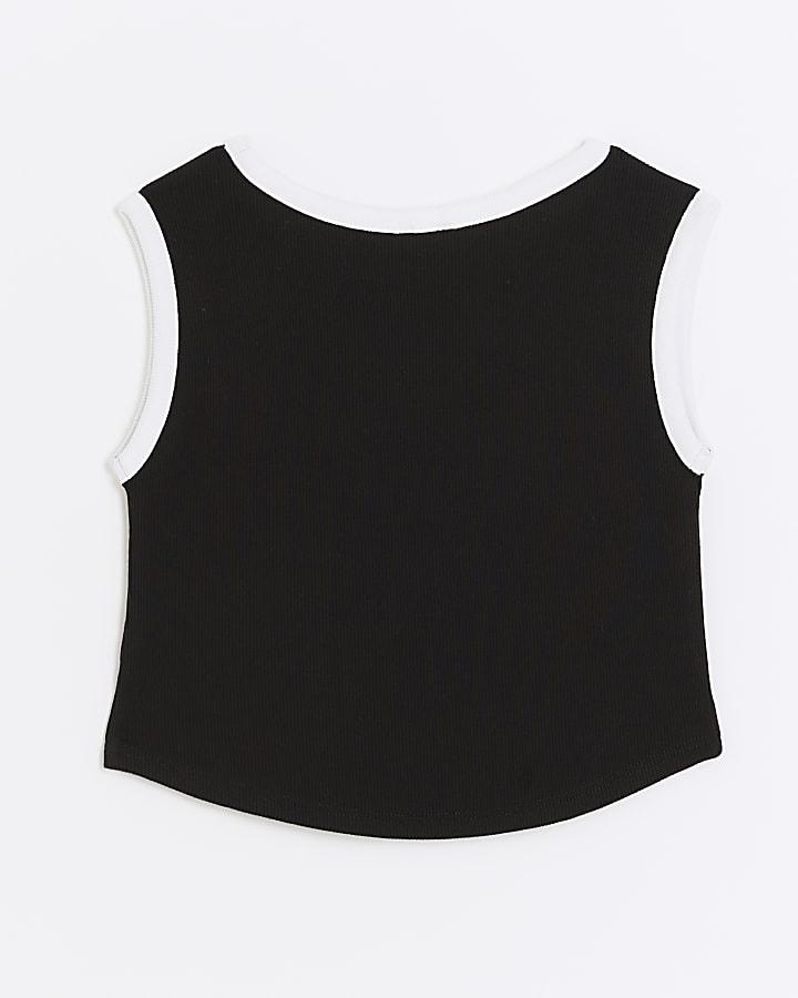 Girls black ribbed embroidered vest top